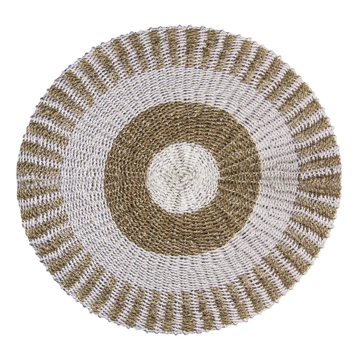 Circular seagrass rug with concentric rings of beige and off white natural fibers in a woven design