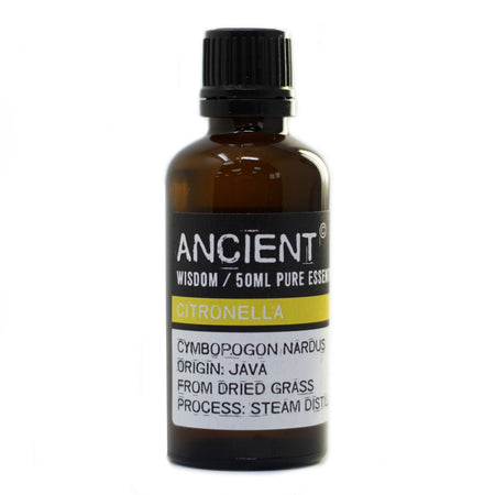 A 50ml amber glass bottle of citronella essential oil with black cap and java origin label