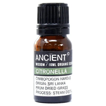 A small amber glass bottle with black cap of citronella organic essential oil 10ml from sri lanka popular choice with allergen declarations