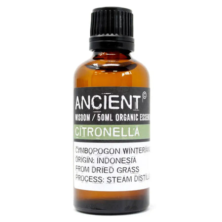 A 50ml amber glass bottle of citronella essential oil cymbopogon nardus with black cap labeled indonesian insect repellent