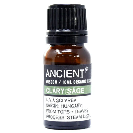 A small amber glass bottle with black cap containing 10ml clary sage organic essential oil with allergen declarations