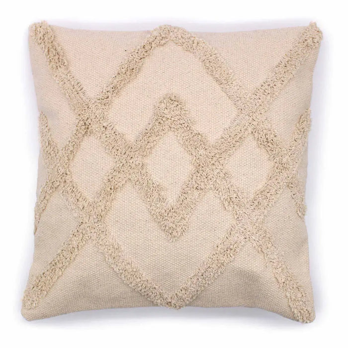 Beige classic cotton cushion cover with textured diamond pattern made from frayed woven yarn in cream color