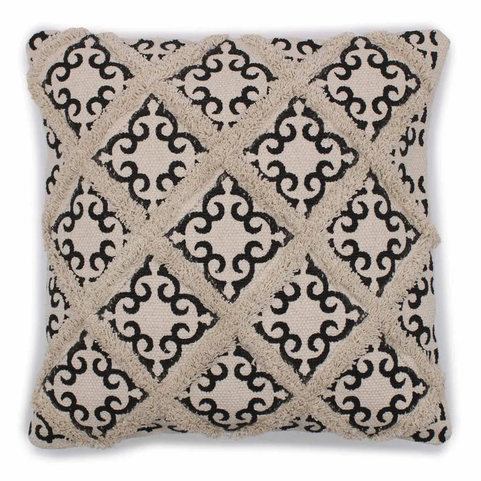 Beige and black diamond patterned cotton cushion with frayed edges made from classic cotton fabric