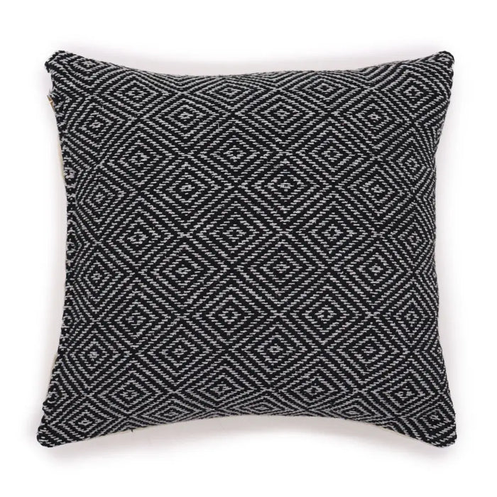 Black and gray woven cotton cushion with a geometric diamond pattern called classic cotton cushion cover maze black