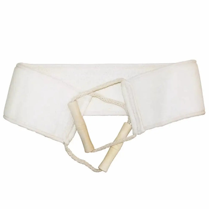 White cotton gauze classic loofah back scrub with beige wooden toggles and braided cord ends for skin care use