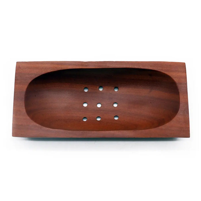 Classic naseberry wood soap dish in rich mahogany with smooth finish and nine circular drainage holes in a rectangle shape