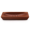 Rectangular soap dish made of rich brown naseberry wood with a smooth finish and three small drainage holes inside