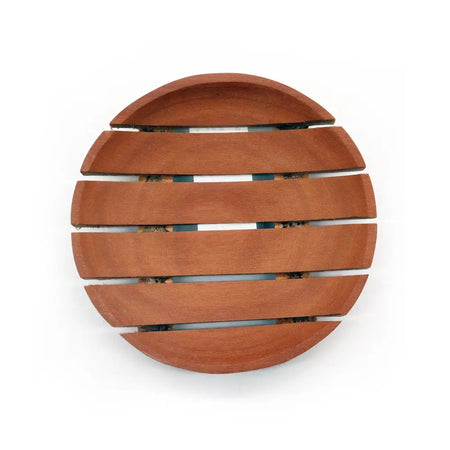 Classic naseberry wood soap dish round with circular slatted design and warm brown finish wooden trivet style