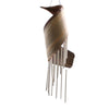 A natural wooden spiral coconut leaf wind chime with metallic tubes hanging below
