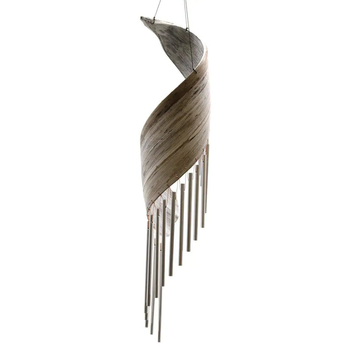 A sleek coconut leaf wind chimes with a whitewash weathered wood finish and metallic tubes hanging below