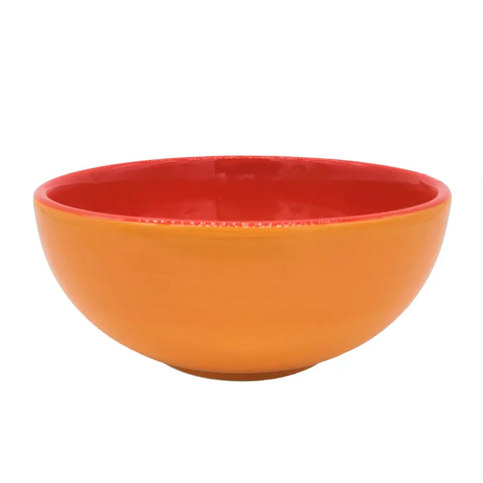 A vibrant orange ceramic dessert bowl with a red interior and textured rim detail, 15cm in size