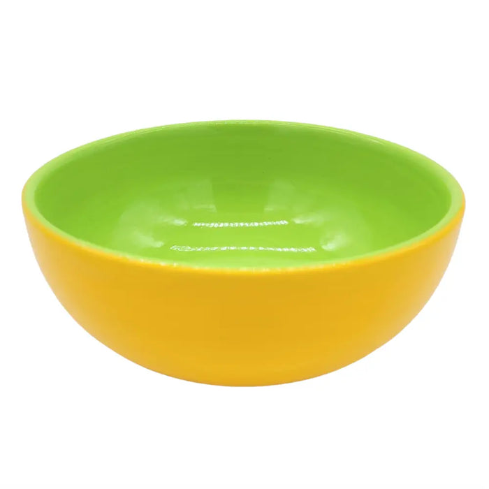 Vibrant two-toned plastic dessert bowl with yellow exterior and lime green interior for breakfast or dessert use