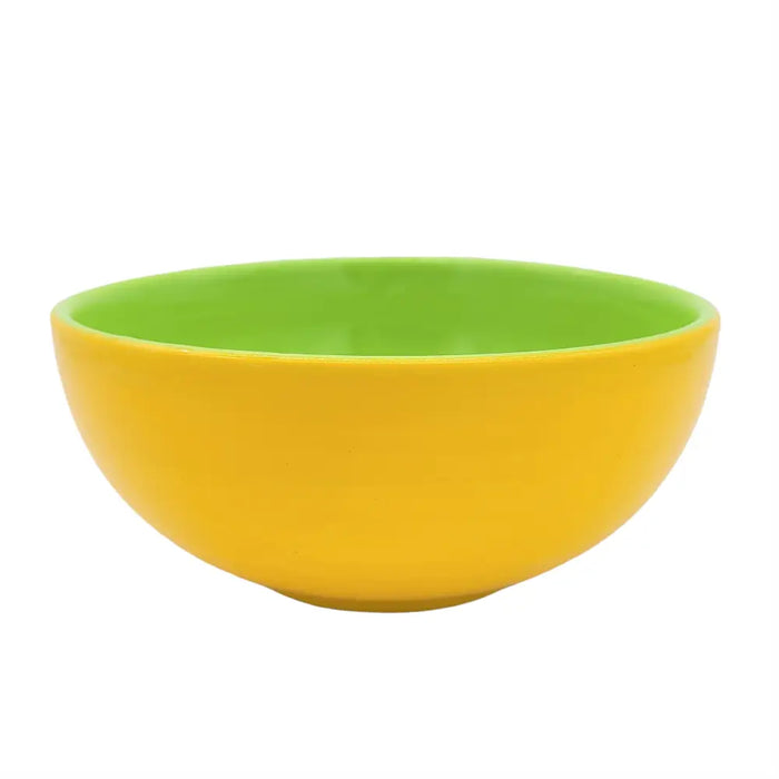 A vibrant yellow and green ceramic dessert bowl with a smooth glossy finish for breakfast or dessert use