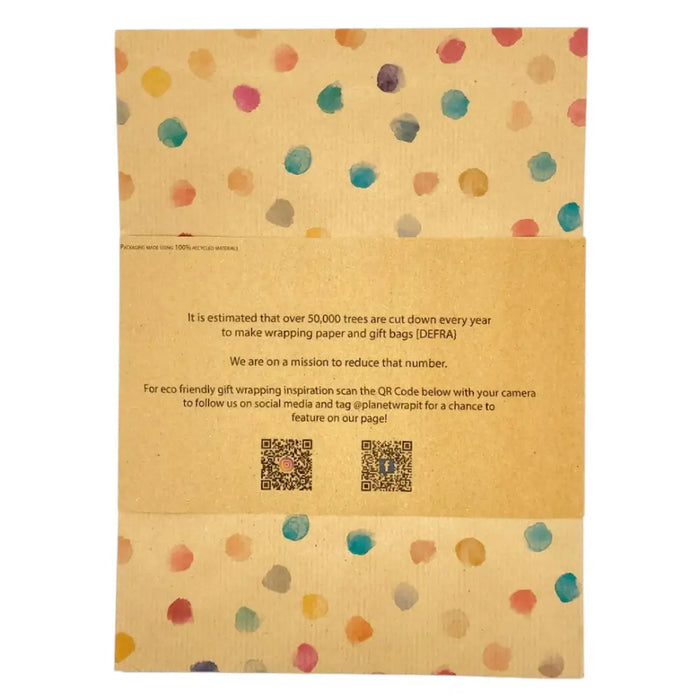 Colour spots recycled kraft gift wrap with colorful pink teal yellow and gray polka dots on kraft paper sheet