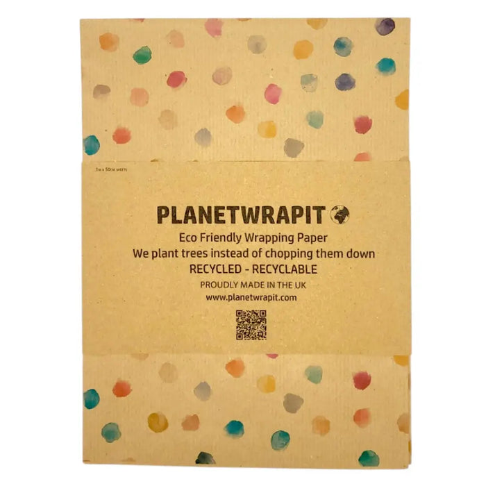 Beige recycled kraft wrapping paper with colorful watercolor dots gift wrap folded in an a4 sheet