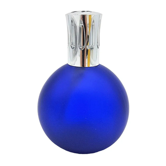 A sleek cobalt blue glass fragrance lamp with a silver metal cap designed for colony perfume lamps and lamp oil use