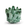 A cluster of translucent green coloured quartz crystals with sharp pointed tips and a frosted natural quartz base