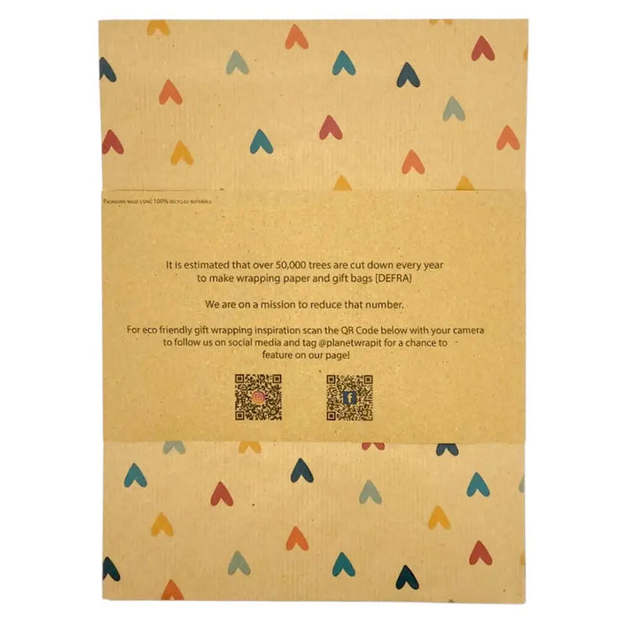 A beige recycled kraft gift wrap bag with multicolored hearts in red blue and orange on recycled kraft wrapping paper
