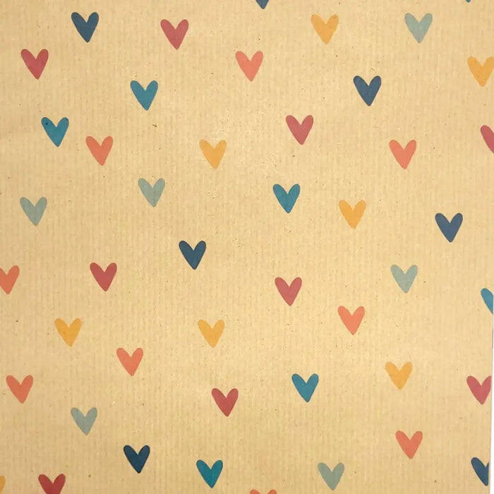 Beige recycled kraft wrapping paper with scattered red blue orange and gray hearts gift wrap sheet 1m x 50cm