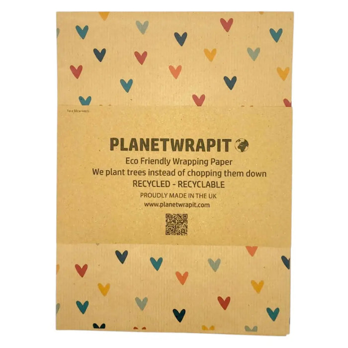 Beige recycled kraft wrapping paper with multicolored red blue yellow and teal hearts gift wrap sheet 1m by 50cm