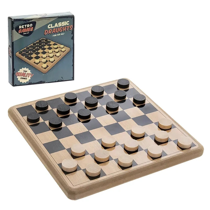 Compact wooden draughts set with black and natural wood checker pieces on a wooden board for easy play