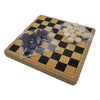 Wooden draughts set with compact wooden board in black and light wood squares and separate plastic bags of pieces