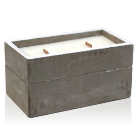 Gray concrete rectangular candle holder with two wooden wicks for clove and dark sandalwood scent