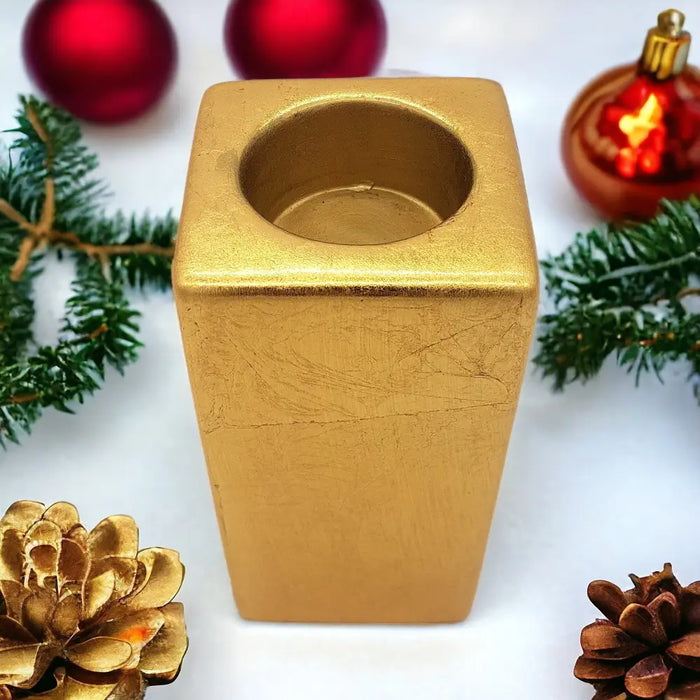 Contemporary gold square ceramic tealight holder with matte textured surface and 5cm square size central opening