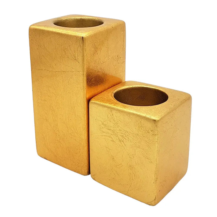 Two gold square ceramic tealight holders with textured surface and 5cm square size for small candles
