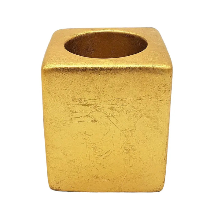 Contemporary gold square ceramic tealight holder with 5cm square brushed metallic finish and circular top opening