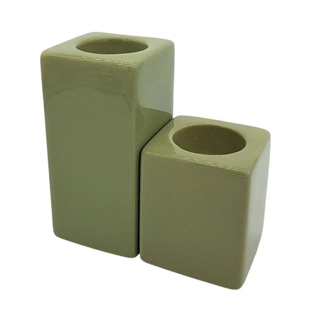Set of two matte olive green ceramic tealight holders high x 7cm with square shape and rounded edges