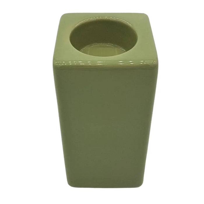 Olive green ceramic tealight holder with a square shape and circular opening, high x 7cm size