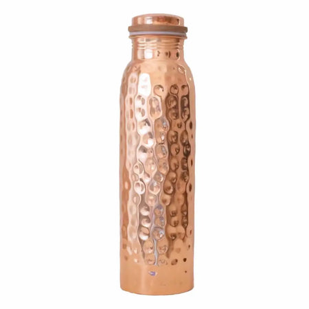 A hammered copper water bottle with a matching lid featuring a textured surface and sleek cylindrical shape