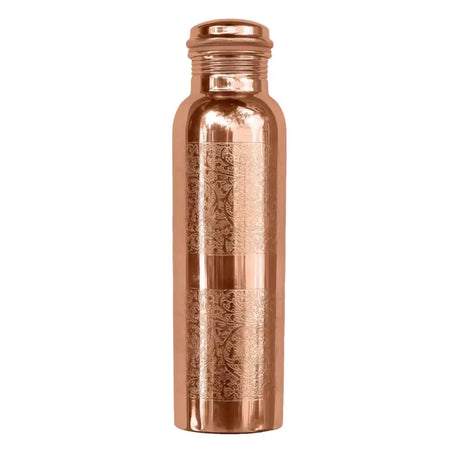 A sleek copper water bottle 900ml with engraved patterns and a matching screw-top lid made of copper material