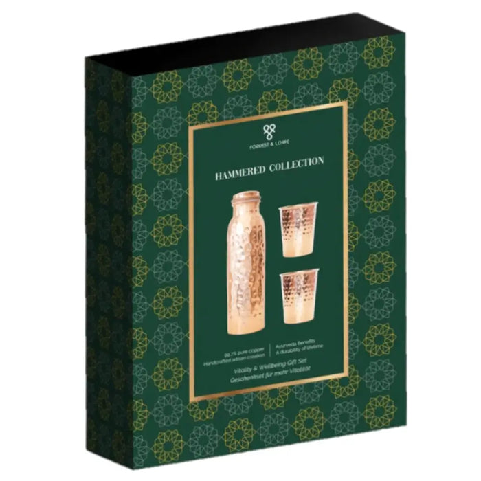 The copper water bottle and cups gift set with hammered copper finish in a dark green box with gold patterns for warm water