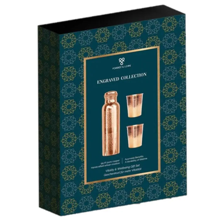 Copper water bottle and two matching cups gift set with engraved designs in warm metallic copper for warm water