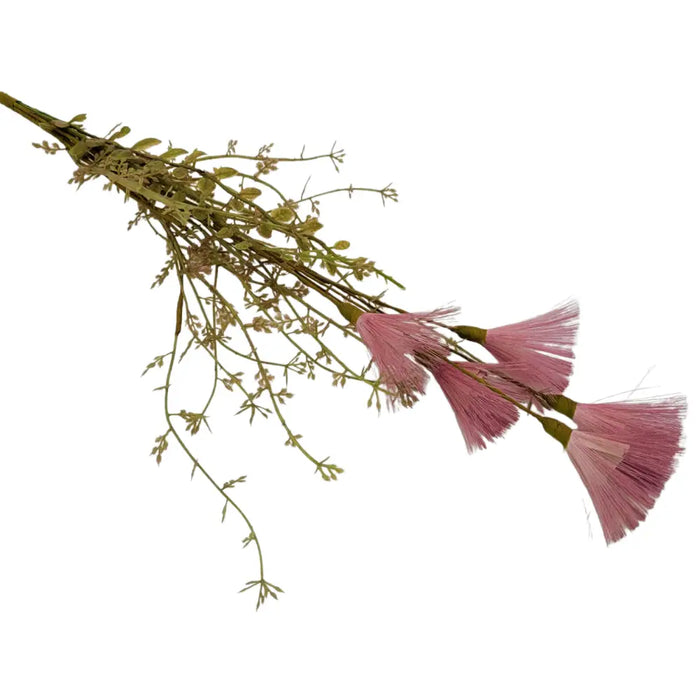A delicate artificial wild flower branch with dusky pink feathery mimosa blossoms and slender green stems