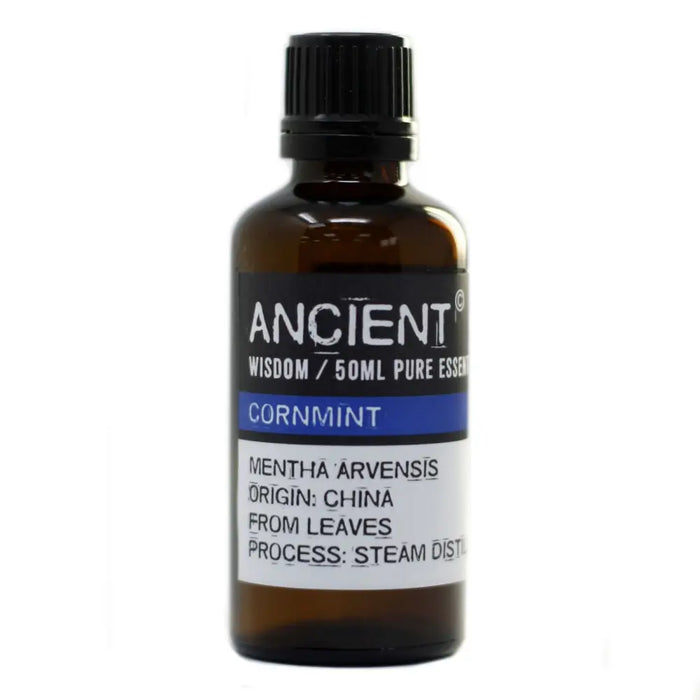 A dark amber glass bottle of 50ml cornmint essential oil with black cap and label featuring ancient wisdom branding