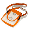 Orange and white cotton body bag with black zipper accents and silver metal hardware in a crossbody style