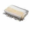 A folded cotton comfort throw with cream pale yellow and gray stripes and fringed edges showing a woven texture
