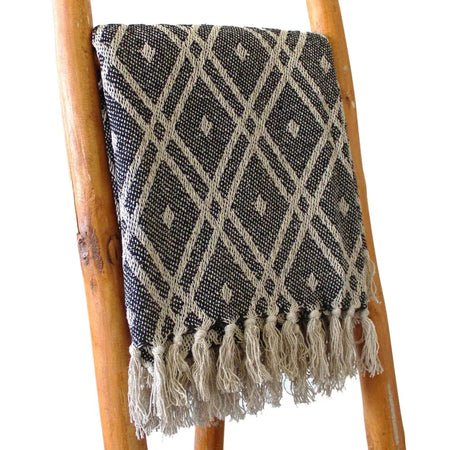 Cotton comfort throw with black and beige geometric pattern and fringe made from woven cotton material