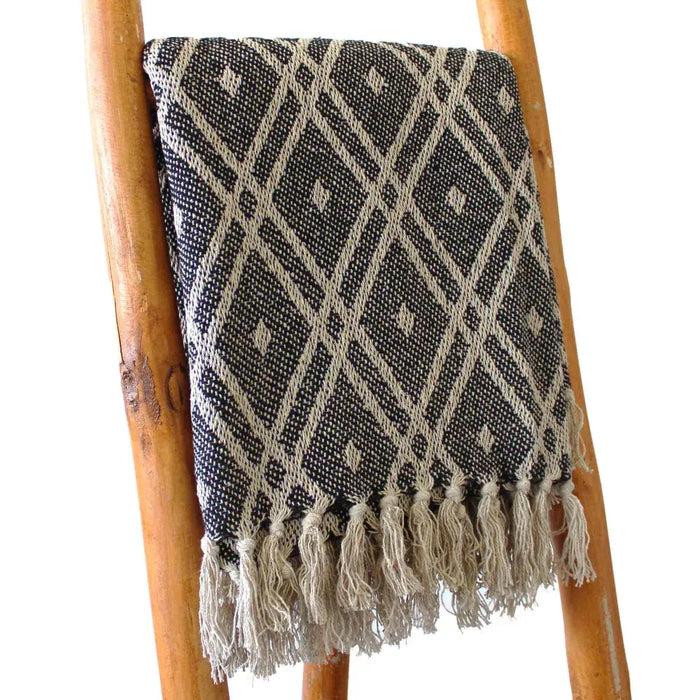 Cotton comfort throw with black and beige geometric pattern and fringe made from woven cotton material