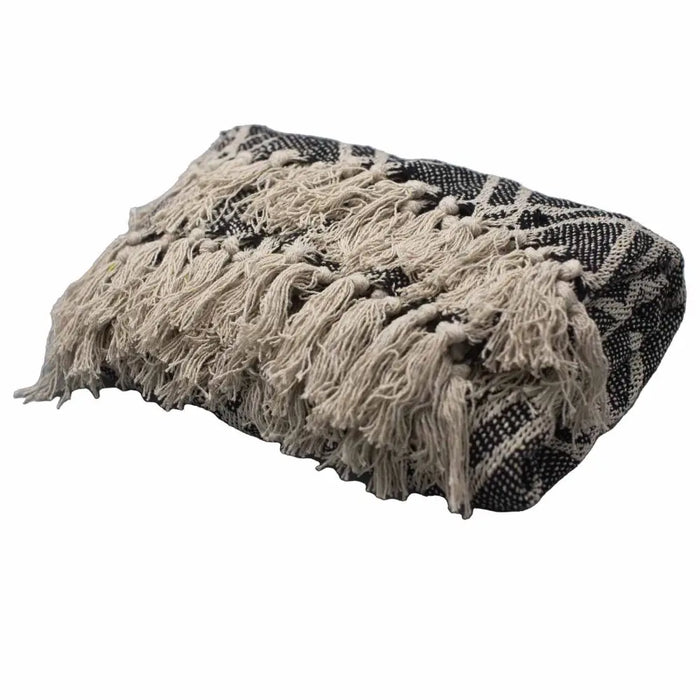 Black and cream woven cotton pouf with fringed tassels from cotton comfort throws regency collection