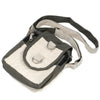 Beige cotton cross body bag with dark gray trim and metal d-rings on the front flap minimalist body bag design