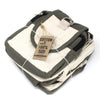 Beige and olive green cotton cross body bag made of 100 percent natural fabrics with black zippers and tag