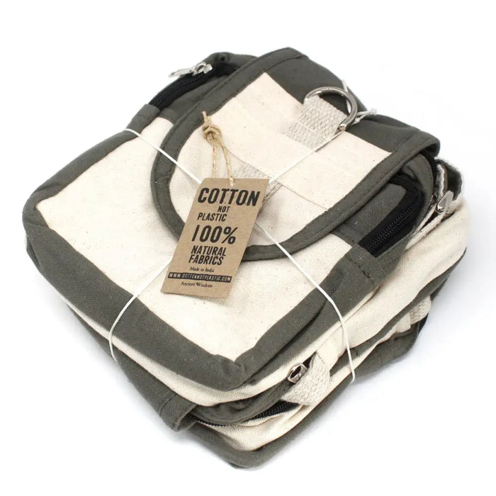 Beige and olive green cotton cross body bag made of 100 percent natural fabrics with black zippers and tag