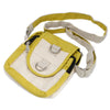 Cotton cross body bag in yellow and cream canvas with black zippers and silver hardware labeled olive style