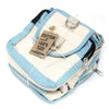 A light blue and off-white cotton cross body bag with black zipper pulls and metal ring closure