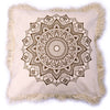 Beige cotton cushion cover with a detailed brown lotus mandala design and fringed edges on a canvas throw pillow