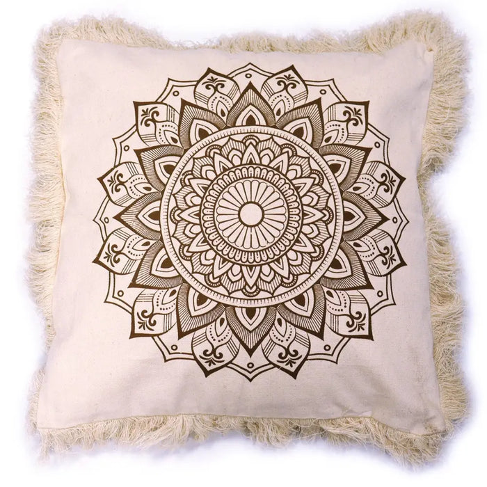 Beige cotton cushion cover with a detailed brown lotus mandala design and fringed edges on a canvas throw pillow